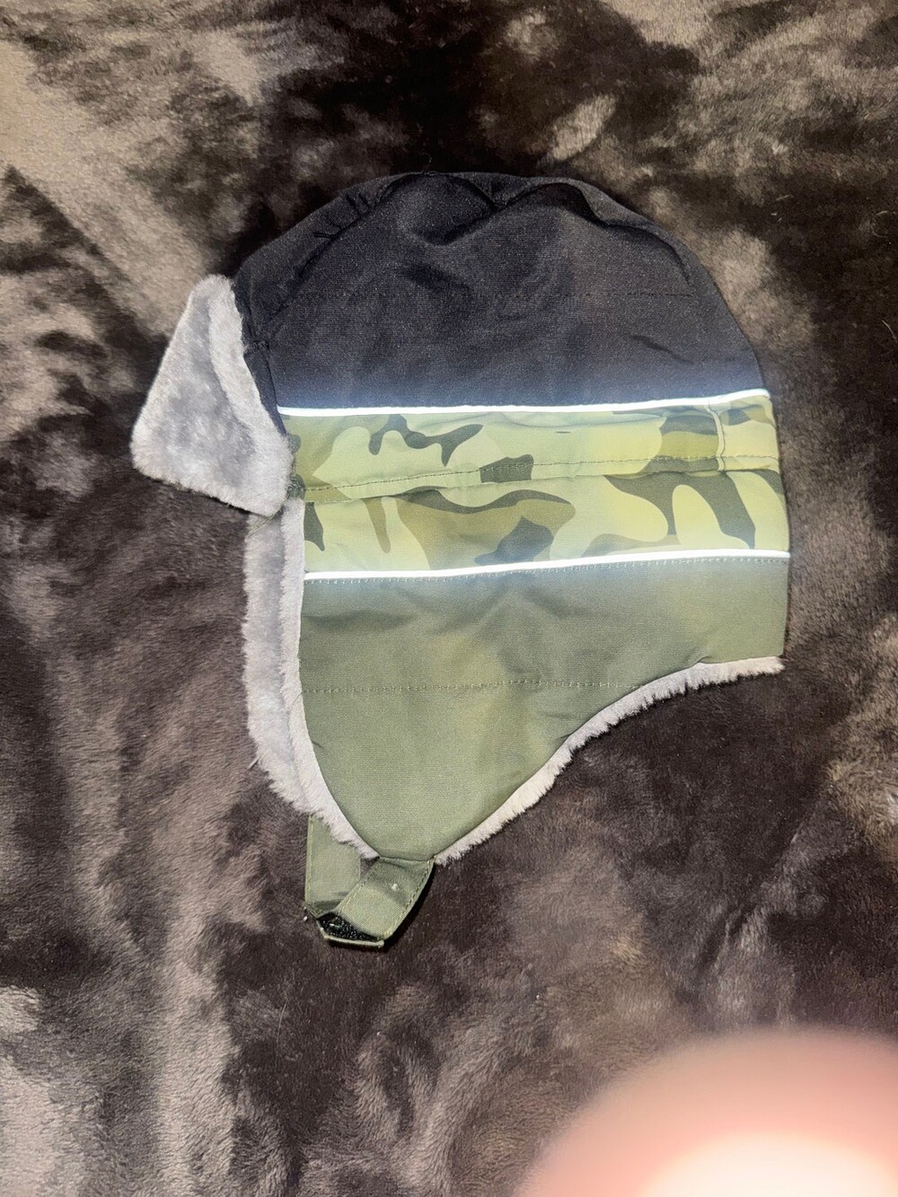 Trapper Hat Camouflage Faux Fur Lined Reflective Piping Velcro Strap Closure